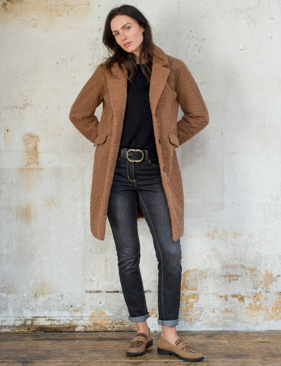 Manteau maille bouclette col tailleur (caramel)