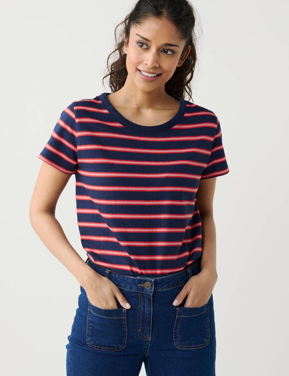 Gestreepte T-shirt van geverfde draden, met ronde hals en korte mouwen (marine / roze)