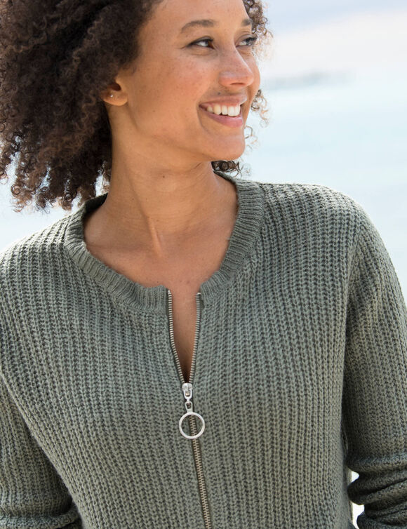 Gilet zippé, maille anglaise (kaki)