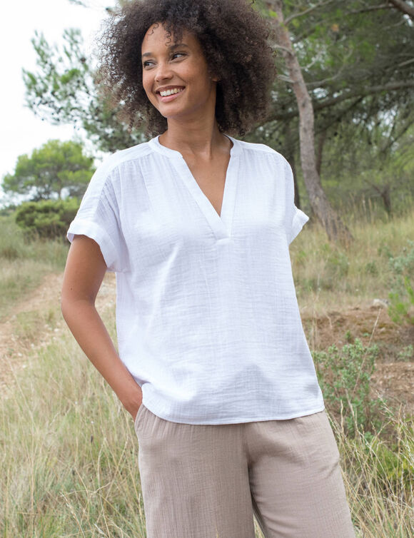Blouse col tunisien unie en double gaze de coton  (blanc)