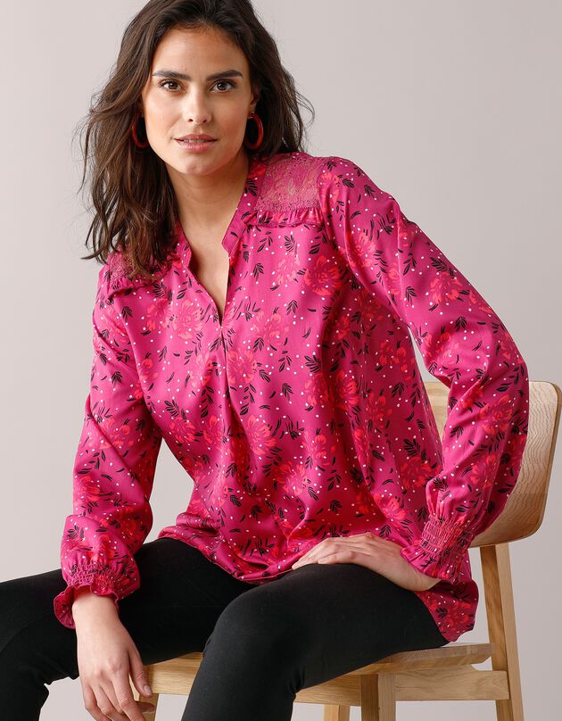 Blouse dentelle manches longues imprimé fleuri (violine / noir)