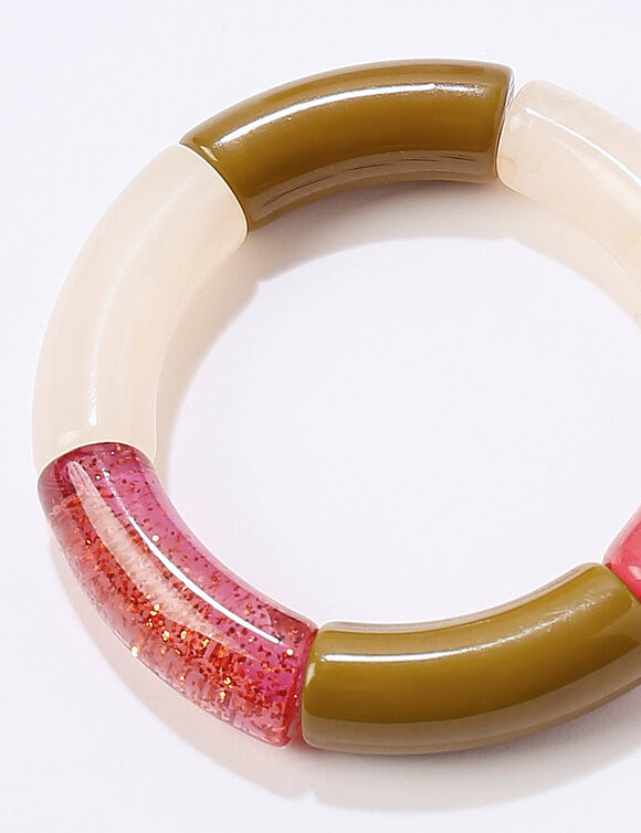 Bracelet &eacute;lastiqu&eacute; perles tubulaires, lot de 2 (rose / &eacute;cru)