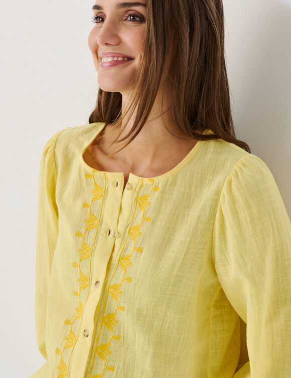 Chemisier brod&eacute; col rond, manches longues blousantes (jaune)