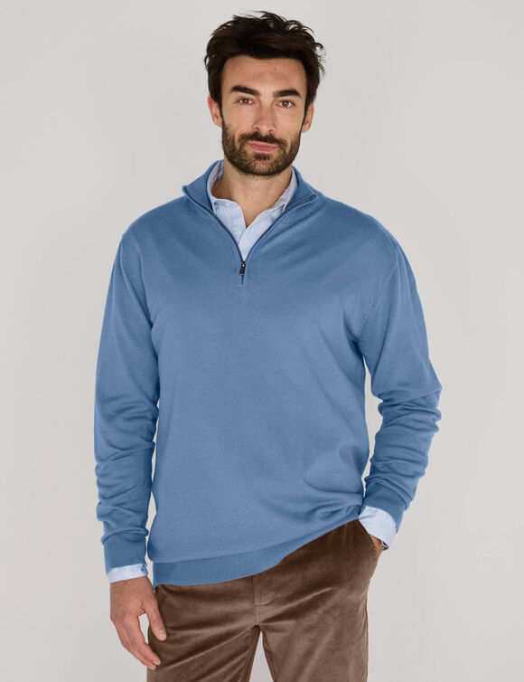 Pull col montant zipp&eacute; laine m&eacute;rinos m&eacute;lang&eacute;e (bleu)