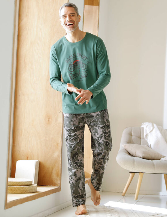 T-shirt pyjama impression placée manches longues (vert foncé)