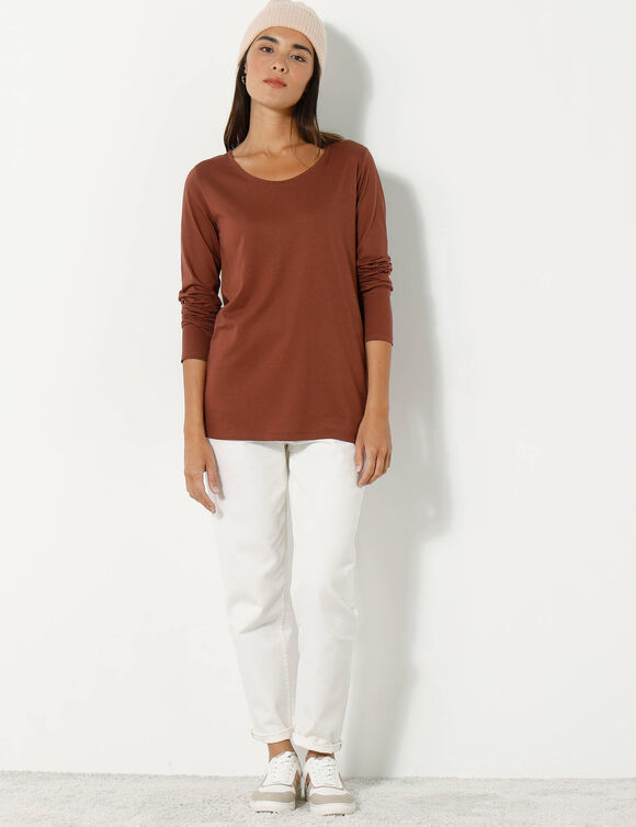 T-shirt col rond manches longues uni (chocolat)