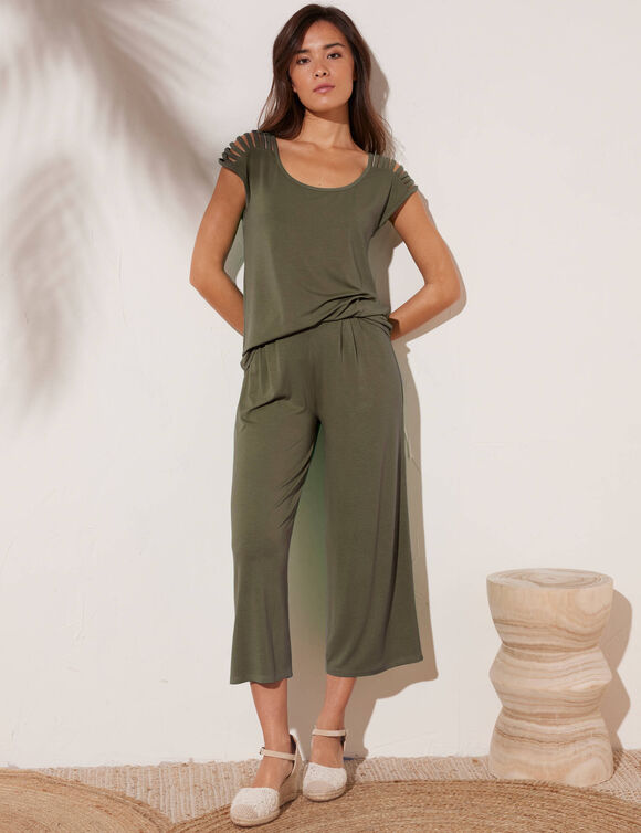 T-shirt maille unie, la&ccedil;age &eacute;paules (vert olive)