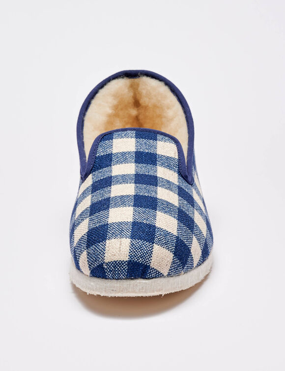 Stille, geruite pantoffels met wolvoering (marineblauw)