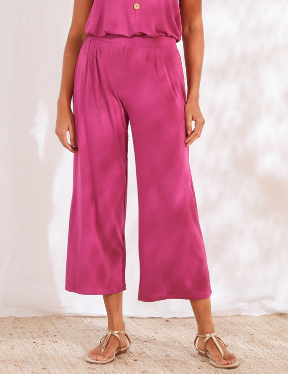 Pantalon large 7/8ème, taille élastiquée, maille unie (violine)