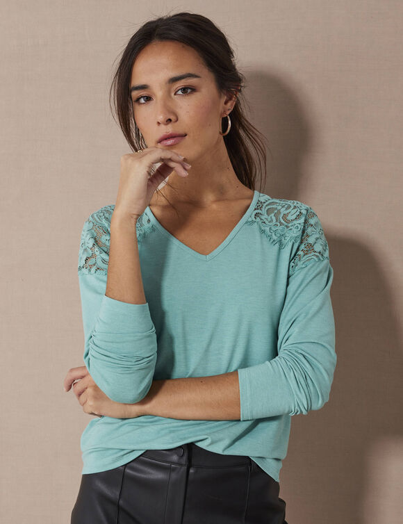 T-shirt col V manches longues dentelle (céladon chiné)