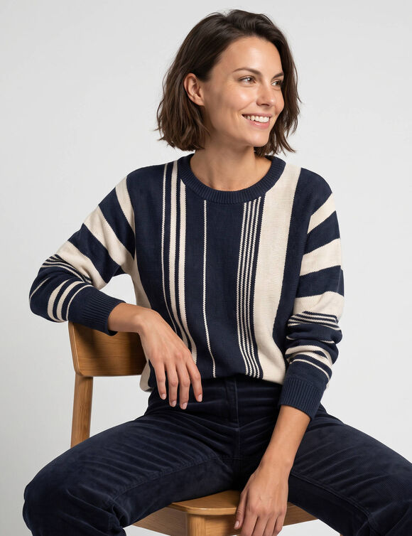 Trui in blousonstijl met verticale strepen, losse pasvorm (marine / beige)