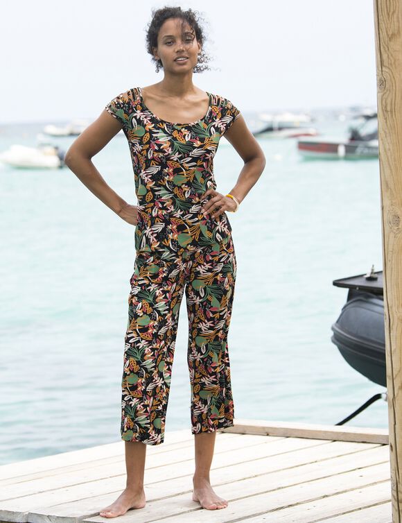 T-shirt laçage épaules imprimé tropical, maille (noir / miel)