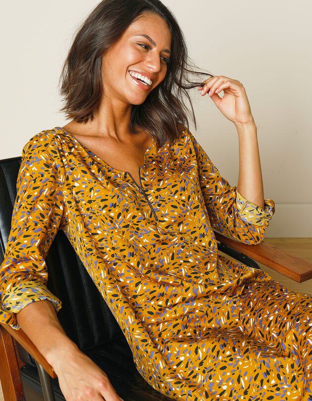 Hoesjurk met ritskraag en minimalistische print (saffraangeel)
