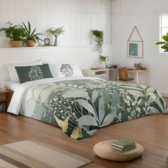 Couvre-lit matelass&eacute; Natura imprim&eacute; feuillages (vert)
