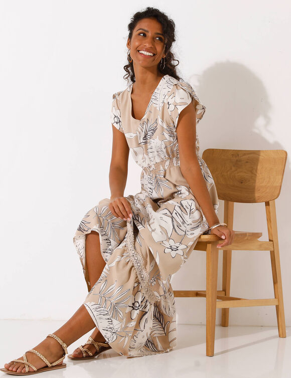 Robe longue macramé, imprimé tropical, taille smockée (beige / écru)