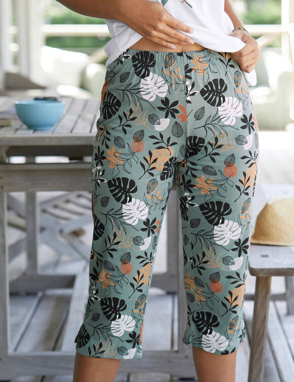 Pyjama pantacourt imprim&eacute; feuillages (vert gris&eacute;)