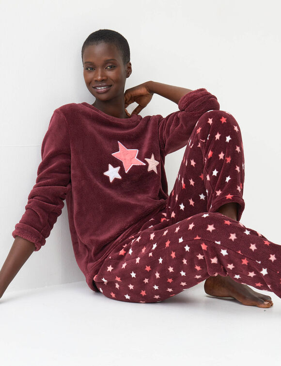 Pyjama pantalon polaire "&eacute;toiles", toucher peluche (bordeaux / corail)