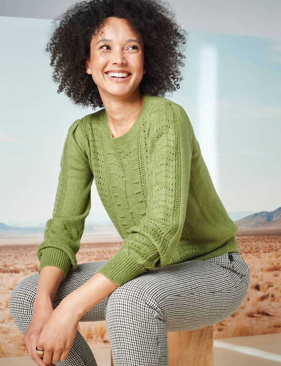 Pull col rond, maille fantaisie toucher doux (kaki)