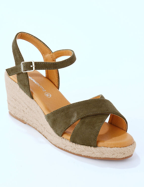 Sandalen met sleehak en gekruiste riempjes (kaki)