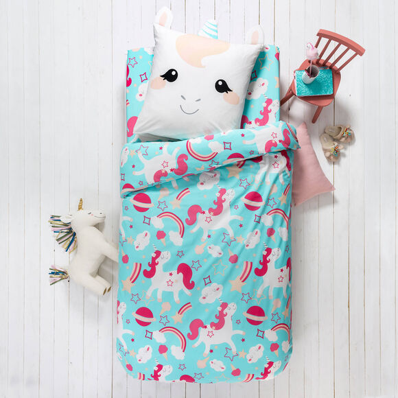 Linge de lit enfant à motif Licorne en coton biologique(**) (bleu)