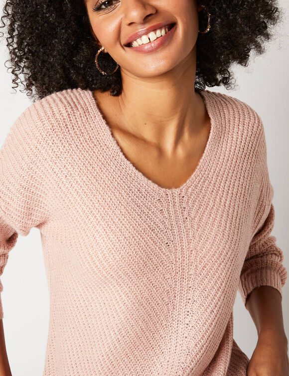 Pull col V, maille anglaise toucher doux (rose poudré)
