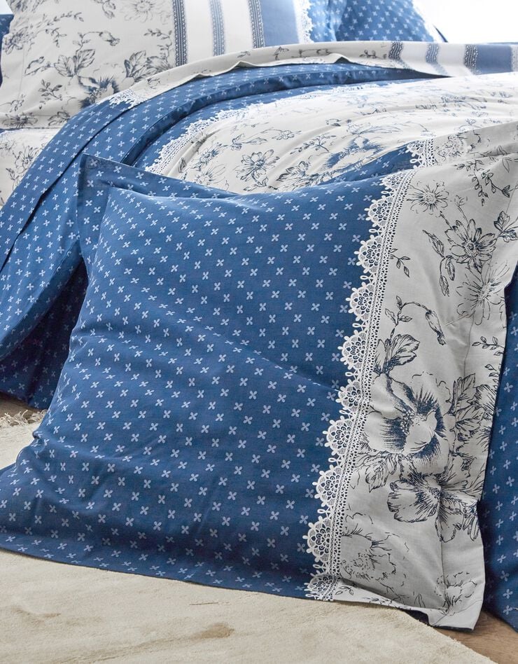 Linge de lit Gabrielle en coton imprimé pois, fleurs et dentelle, bleu marine, hi-res image number 4