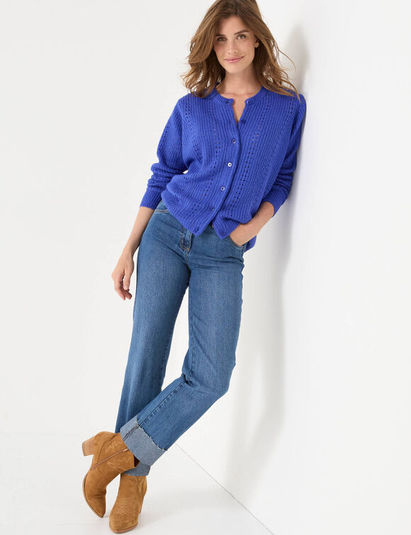 Cardigan boutonn&eacute; maille fantaisie, toucher doux (bleu dur)