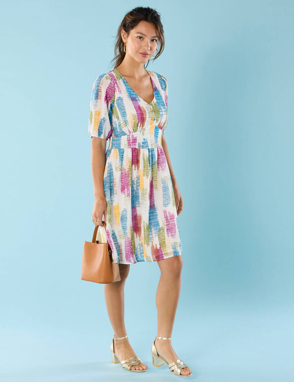 Robe courte Spécial Petites, voile imprimé (écru / violet)