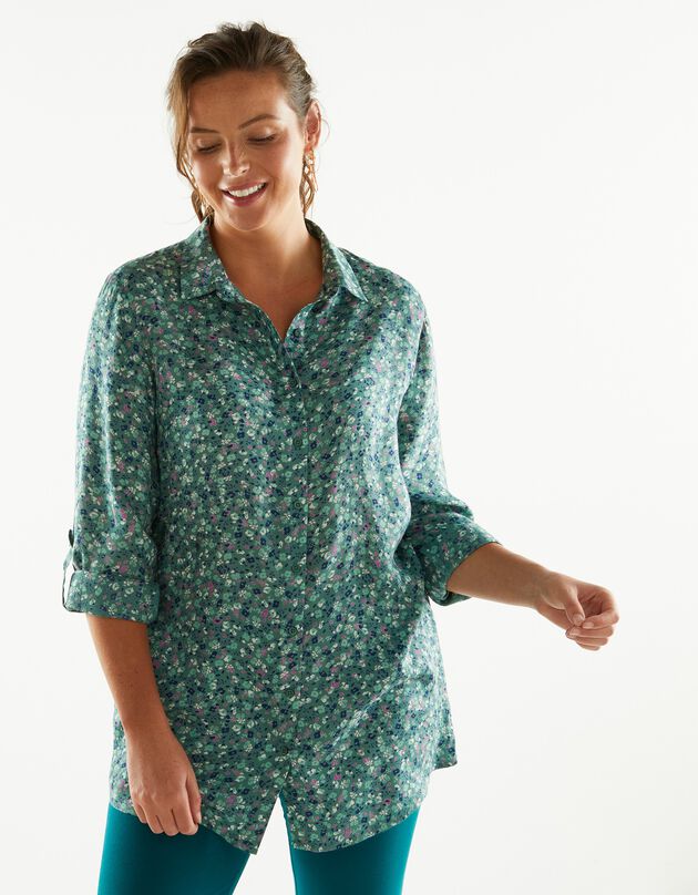 Chemise liquette boutonnée imprimé fleuri, crêpe (vert / violine)