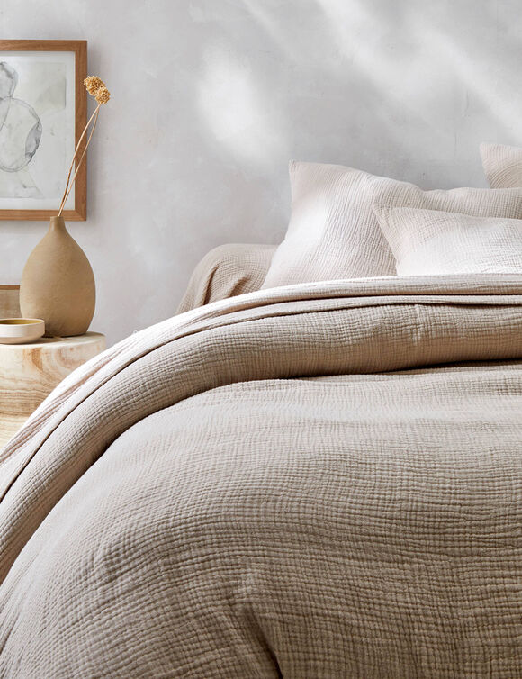 Linge de lit uni en triple gaze de coton (sable)