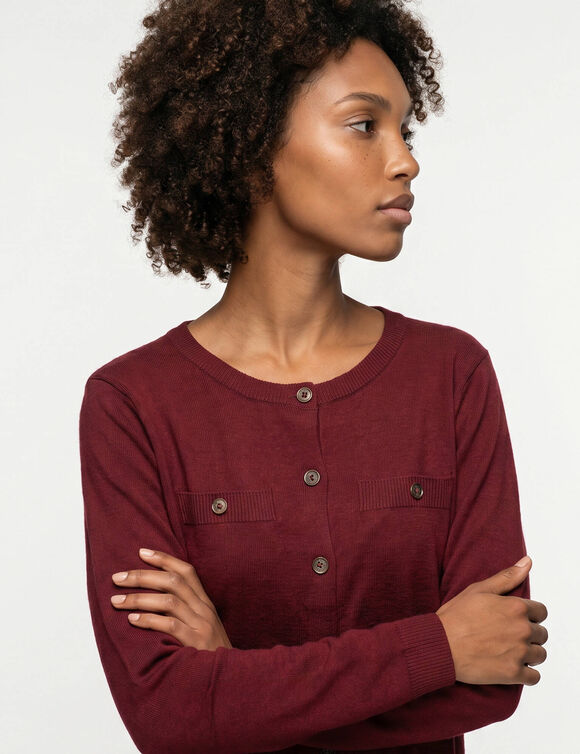 Robe pull longue boutonn&eacute;e, manches longues (bordeaux)