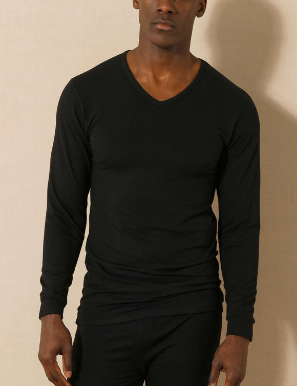 T-shirt sous-v&ecirc;tement homme col V manches longues chaleur mod&eacute;r&eacute;e - lot de 2 (noir)