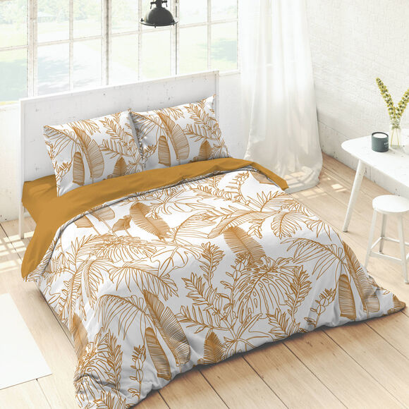 Katoenen beddengoed met bladerenprint (wit)