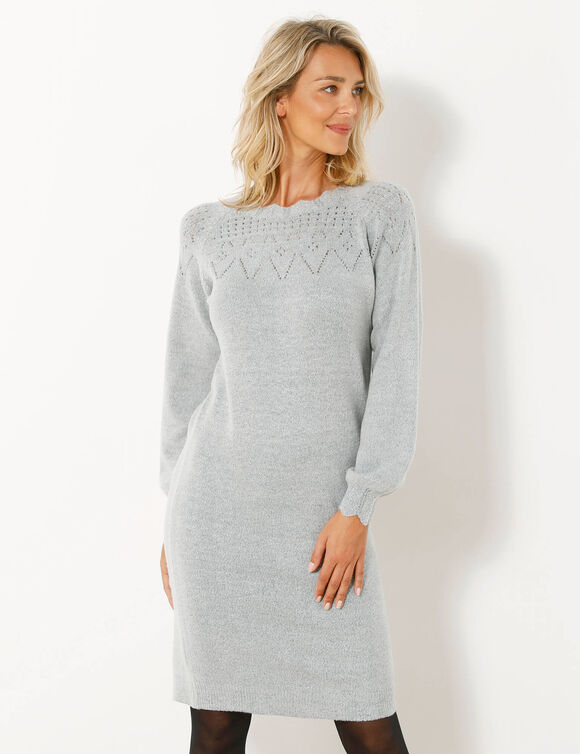 Robe pull finition écailles, maille fantaisie (gris chiné)