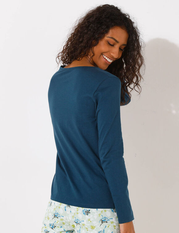Pyjamashirt met lange mouwen en geplaatste bloemblaadjesprint (donkerblauw)