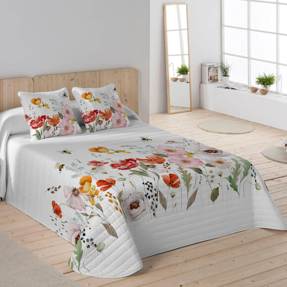 Gematelasseerde bedsprei met bloemprint (wit / roze)
