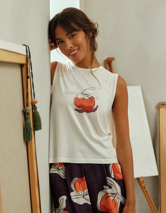 Tee-shirt imprimé pêche, collection "Odette Lepeltier" (blanc / terracotta)
