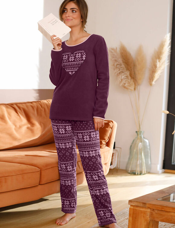 Pyjama pantalon imprimé coeur, maille polaire (prune)