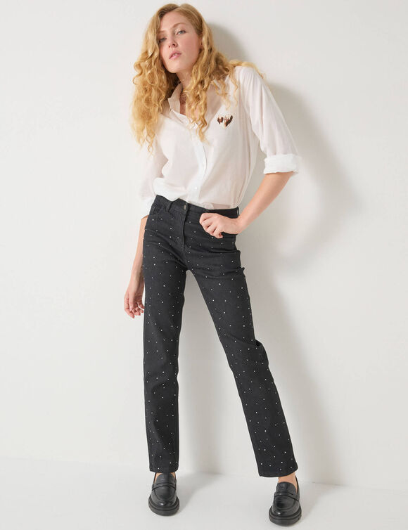Jean noir coupe droite taille haute avec strass (noir)