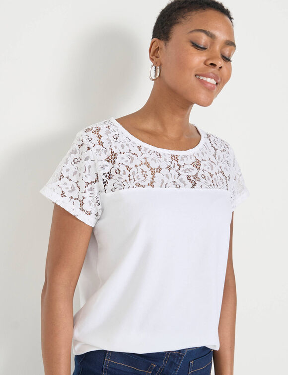 T-shirt met korte mouwen en kant (wit)