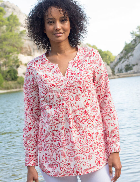 Tunique imprim&eacute; cachemire, manches retroussables (blanc / rouge)