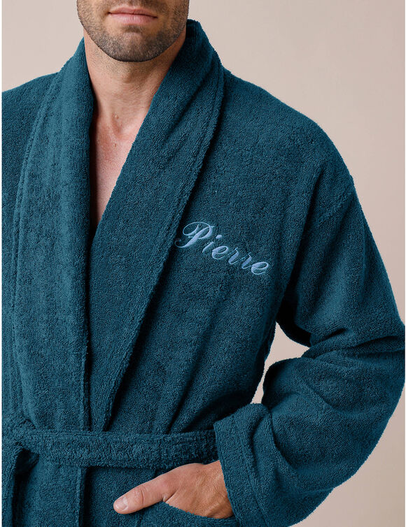 Peignoir mixte adulte éponge bouclette col châle personnalisable (bleu paon)