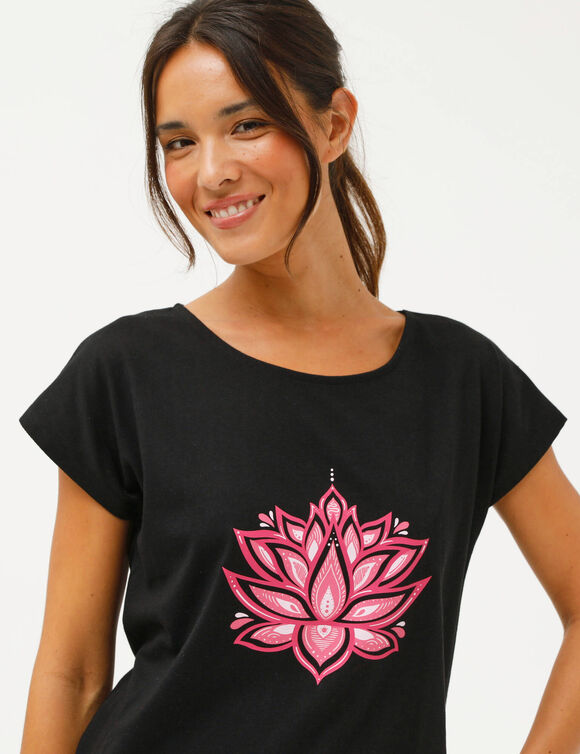 T-shirt tunique, imprim&eacute; plac&eacute; (noir / rose)