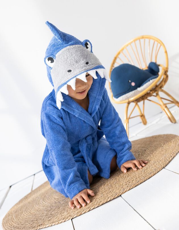 Badjas voor kinderen, haaienmotief, in katoenen badstof - 340 g/m2 (felblauw)