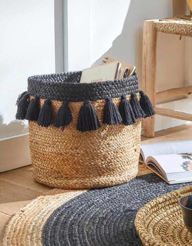 Panier rond jute pompons noirs (jute/noir)