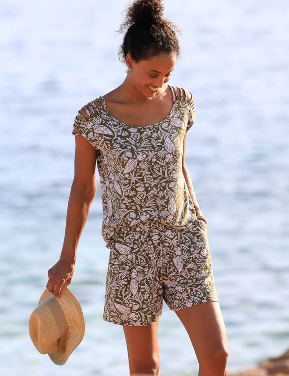 Short large fluide imprim&eacute; (kaki / blanc)