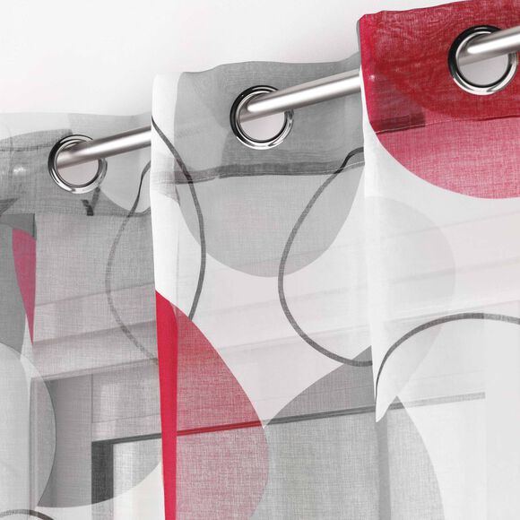 Voilegordijn met rode cirkels - oogringen (grijs / rood)