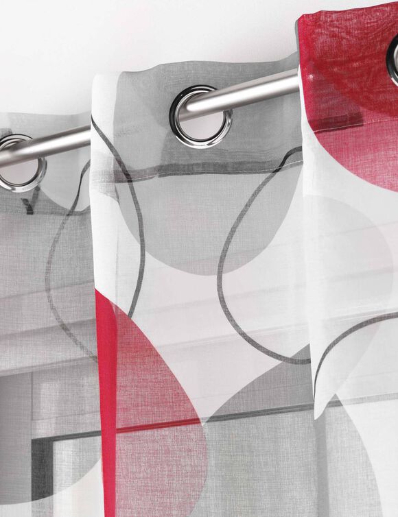 Voilage imprim&eacute; cercles rouges - finition oeillets (gris / rouge)