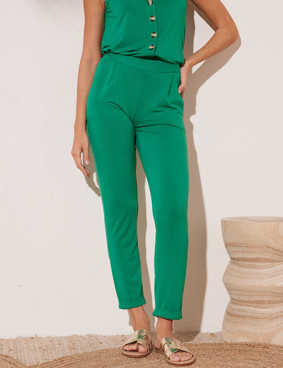 Pantalon fuselé uni, taille élastiquée (vert)