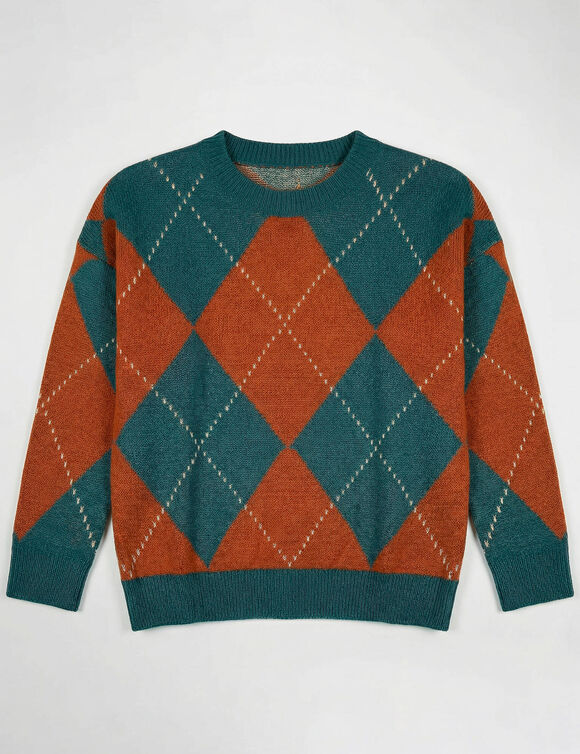 Pull col rond loose, jacquard losanges, toucher doux (bleu / caramel)